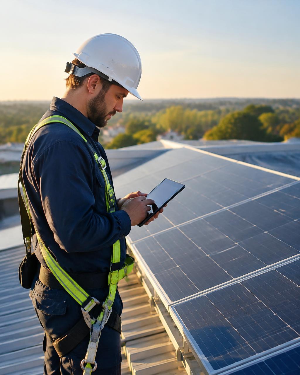 Technician inspecting solar panels with a tablet